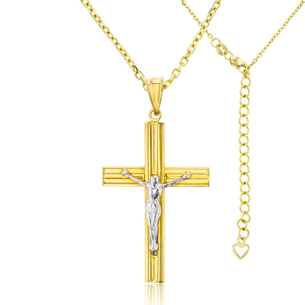 14K Two-Tone Gold Polished 2-Row Crucifix Cross 17"+2" Necklace