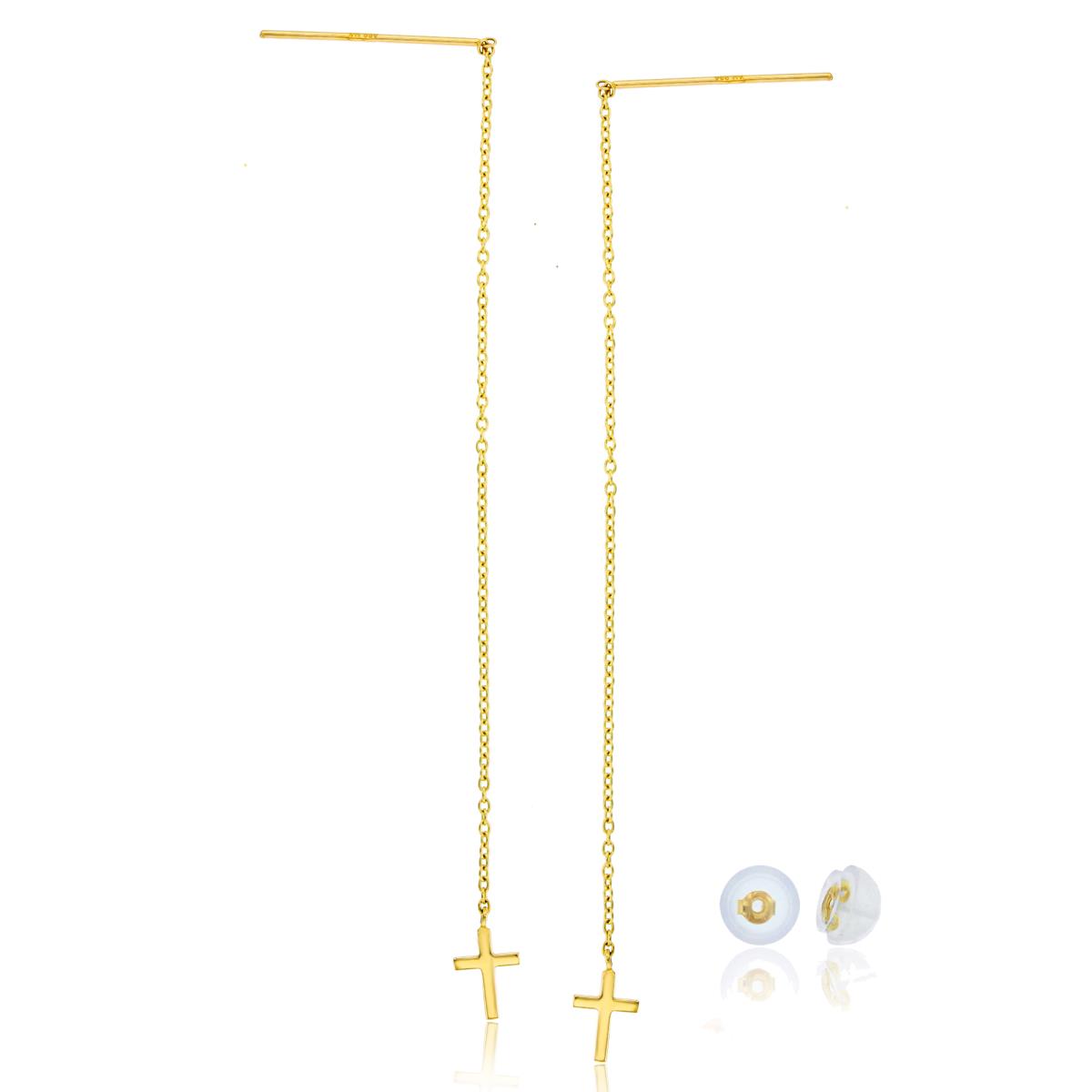 14K Yellow Gold Polished Cross Dangling Threader Earring with 14K Silicone Back