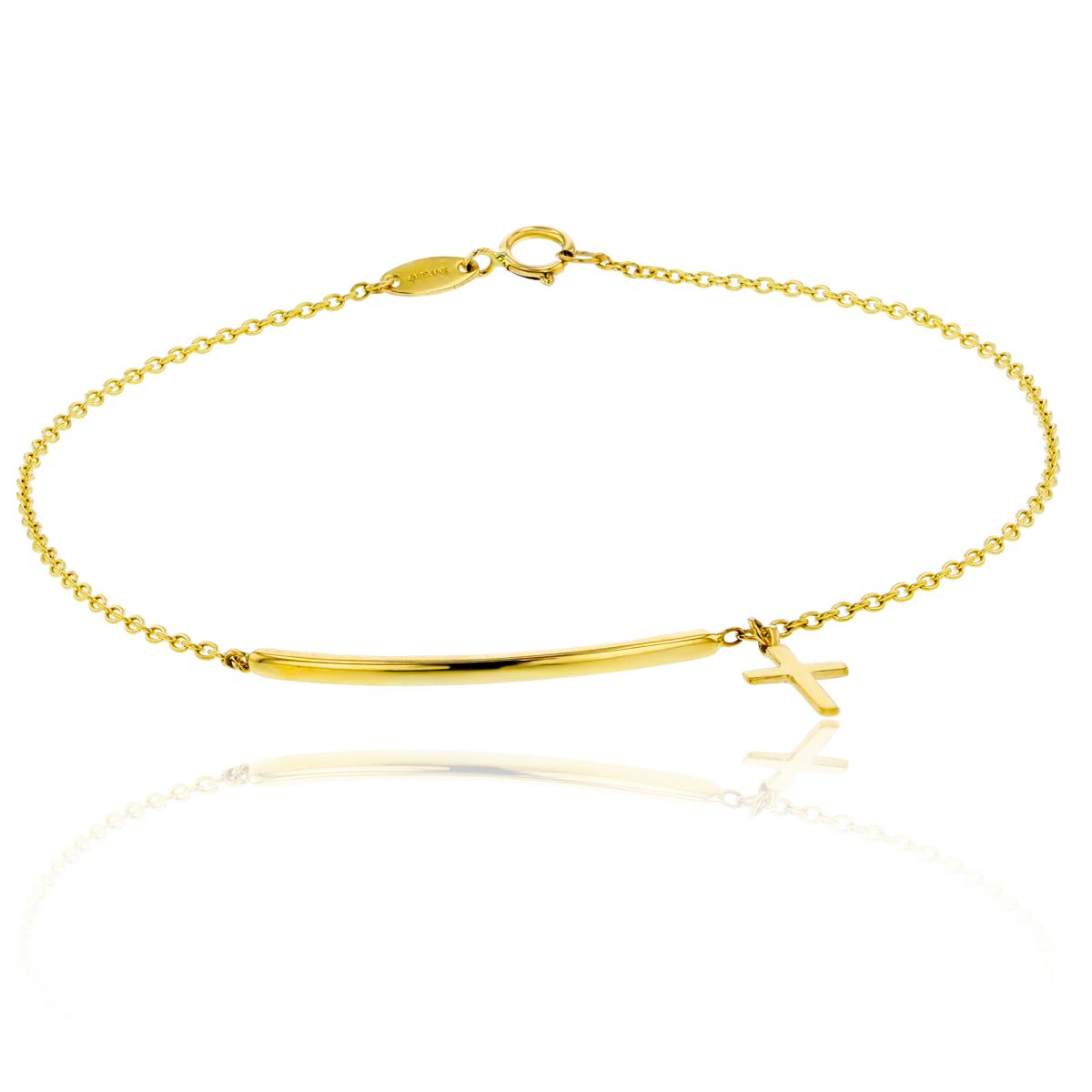 14K Yellow Gold Polished Bar & Dangling Cross 7.5" Bracelet