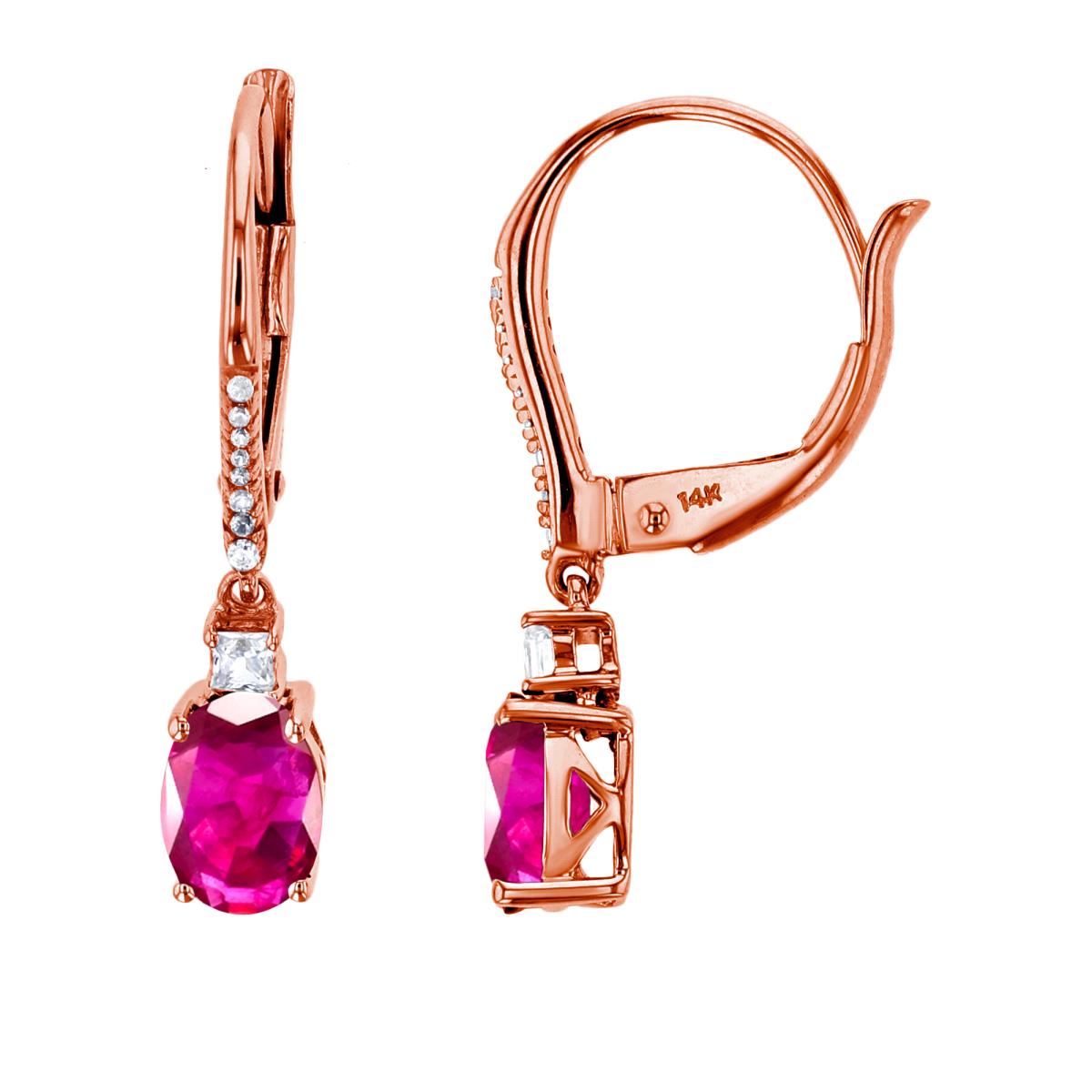 14K Rose Gold 0.06cttw Rnd Diamonds & 7x5mm Ov Ruby/2mm Princess White Sapphire Dangling Earrings