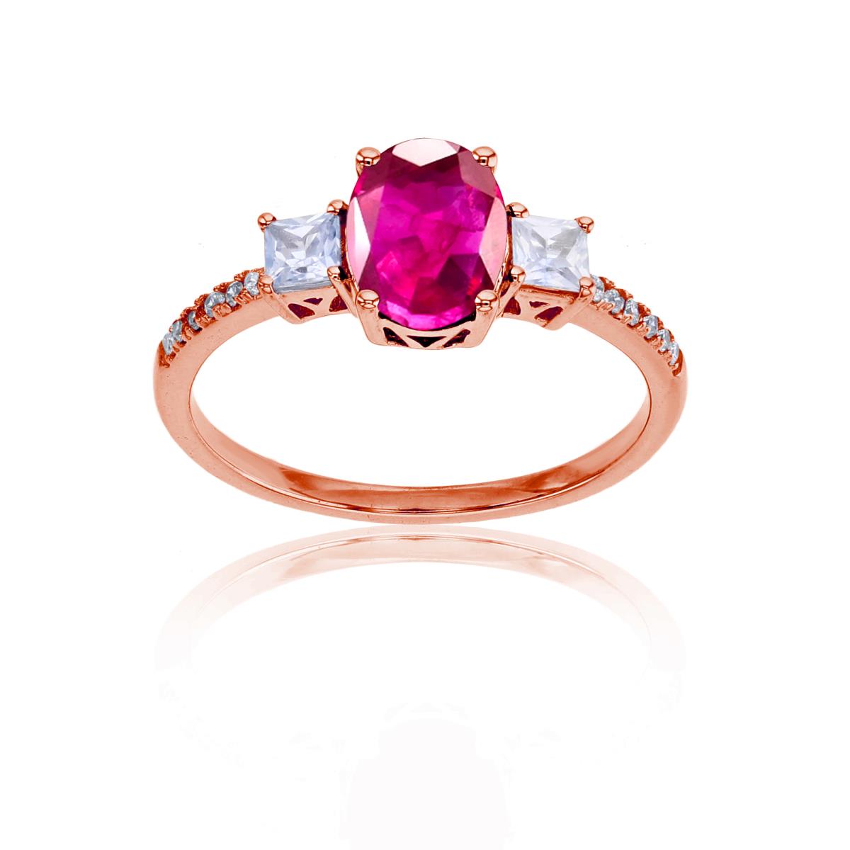 14K Rose Gold 0.054cttw Rnd Diamonds & 8x6mm Ov Ruby /3mm Square White Sapphire Ring