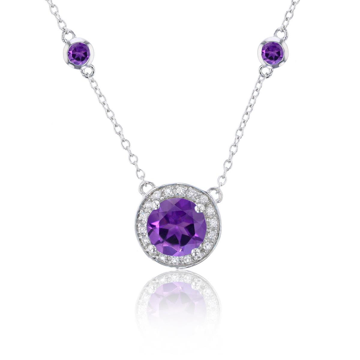 Sterling Silver Rhodium Amethyst & Created White Sapphire 3-Circles Station Necklace