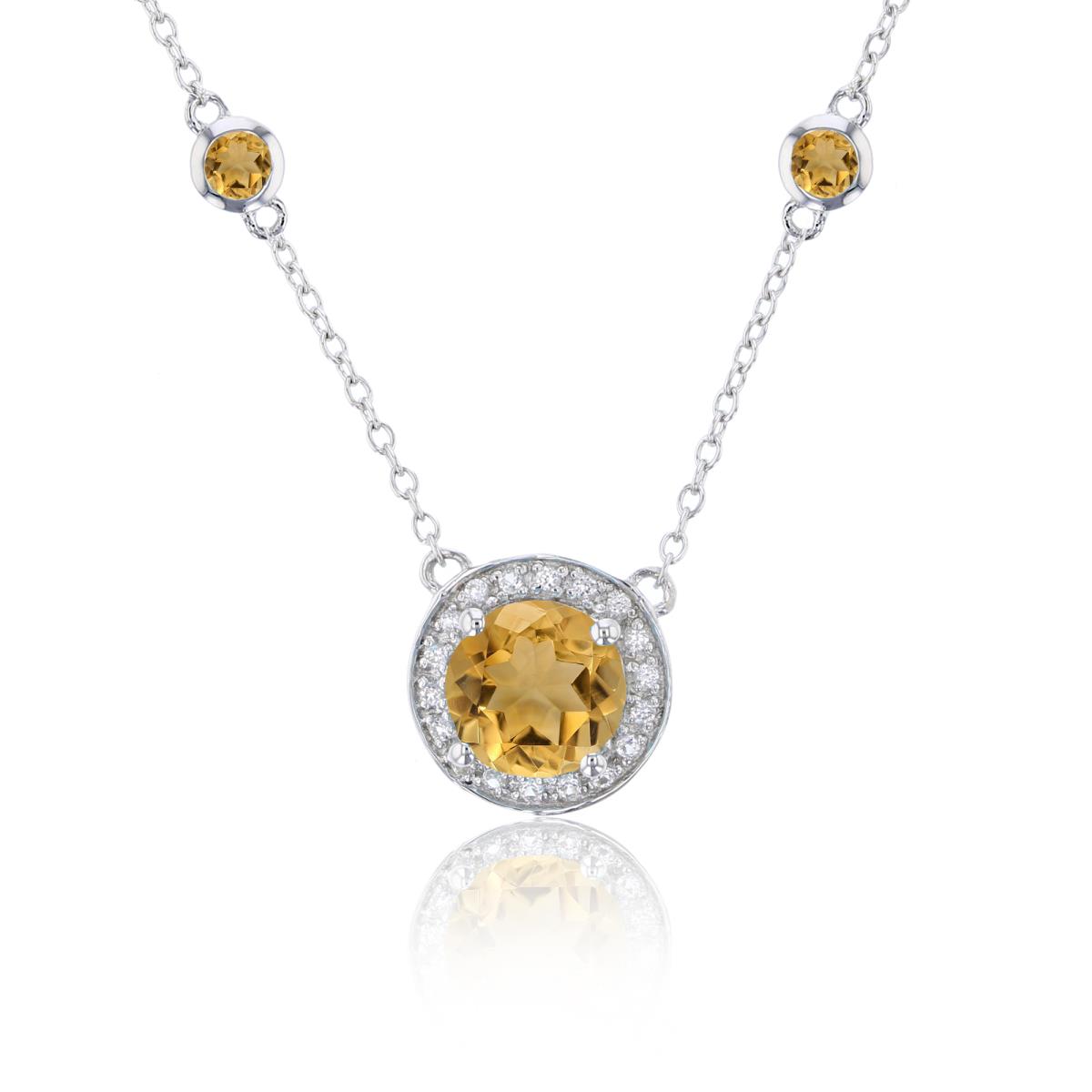 Sterling Silver Rhodium Citrine & Created White Sapphire 3-Circles Station Necklace