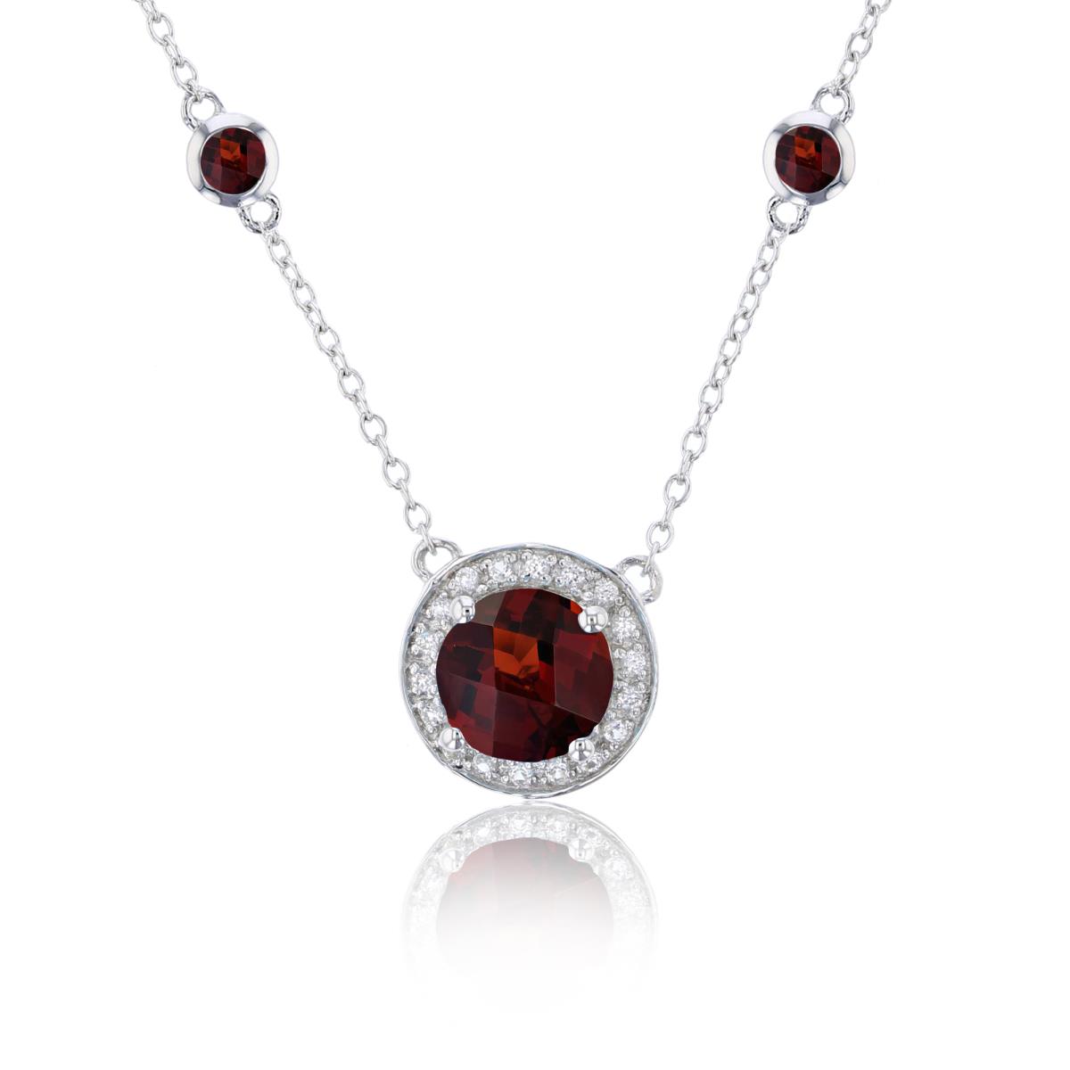Sterling Silver Rhodium Garnet & Created White Sapphire 3-Circles Station Necklace