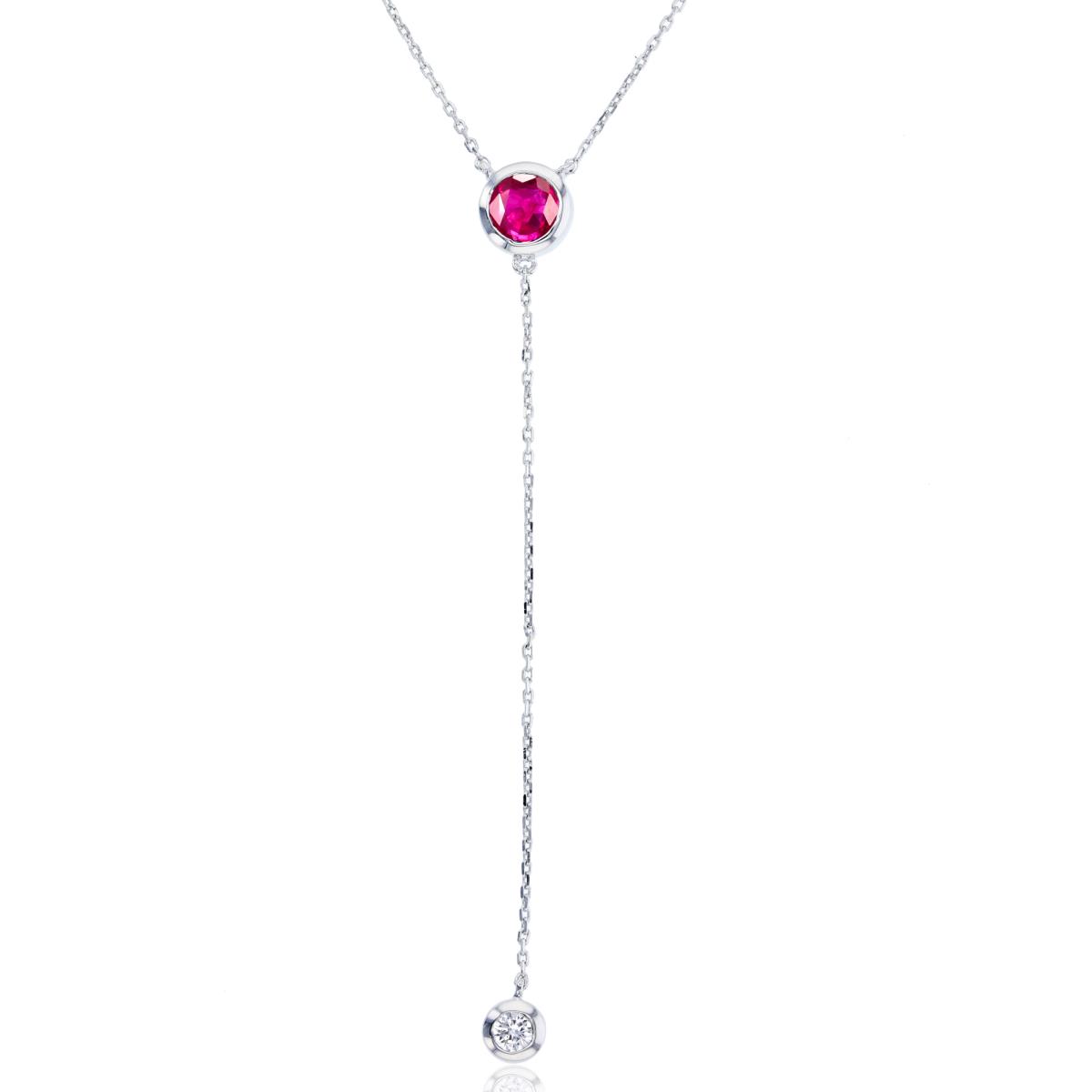 Sterling Silver Rhodium 5mm Rnd Created Ruby & 3mm Rnd Created White Sapphire 2-Bezel Circles Dangling Necklace