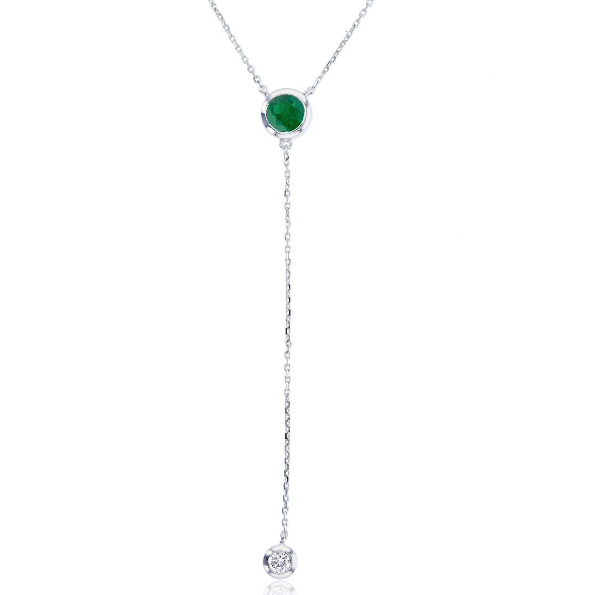 Sterling Silver Rhodium 5mm Rnd Created Emerald & 3mm Rnd Created White Sapphire 2-Bezel Circles Dangling Necklace