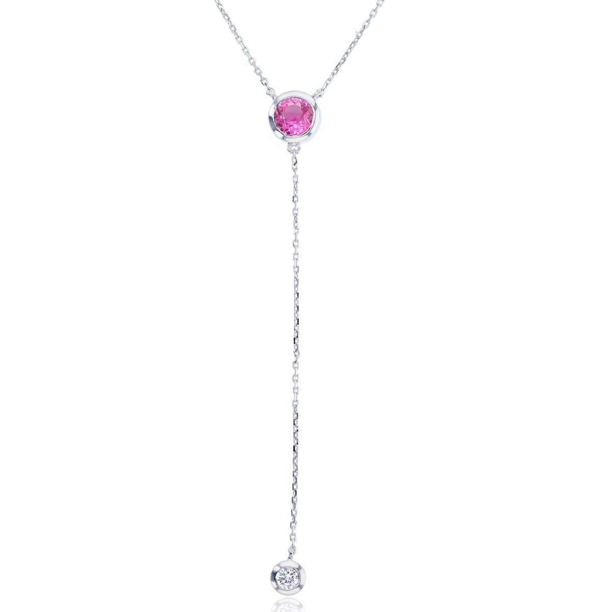 Sterling Silver Rhodium 5mm Rnd Created Pink Sapphire & 3mm Rnd Created White Sapphire 2-Bezel Circles Dangling Necklace