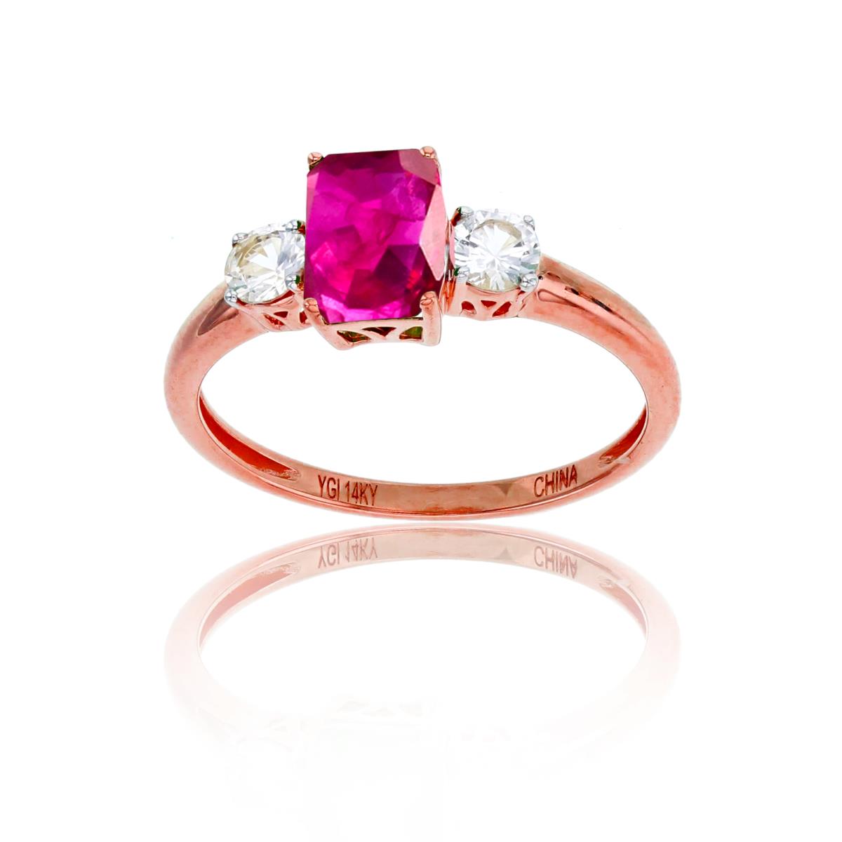14K Rose Gold 7x5mm Octagon Ruby & 3.5mm Rnd White Sapphire on Sides Ring