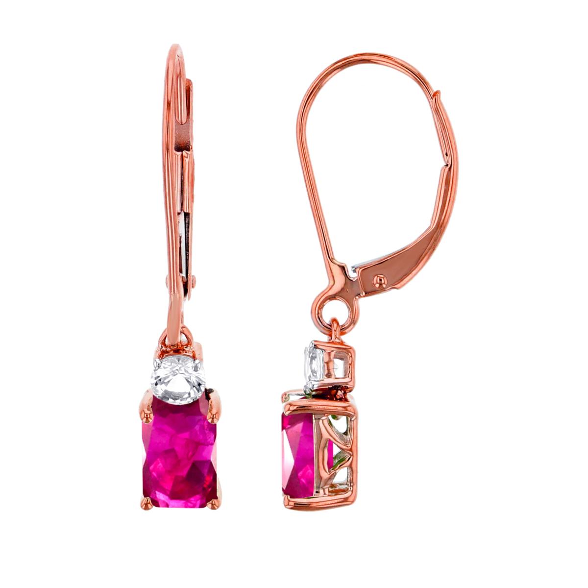 14K Rose Gold 6x4mm Oct Ruby & 3mm Rnd White Sapphire Lever Back Earrings