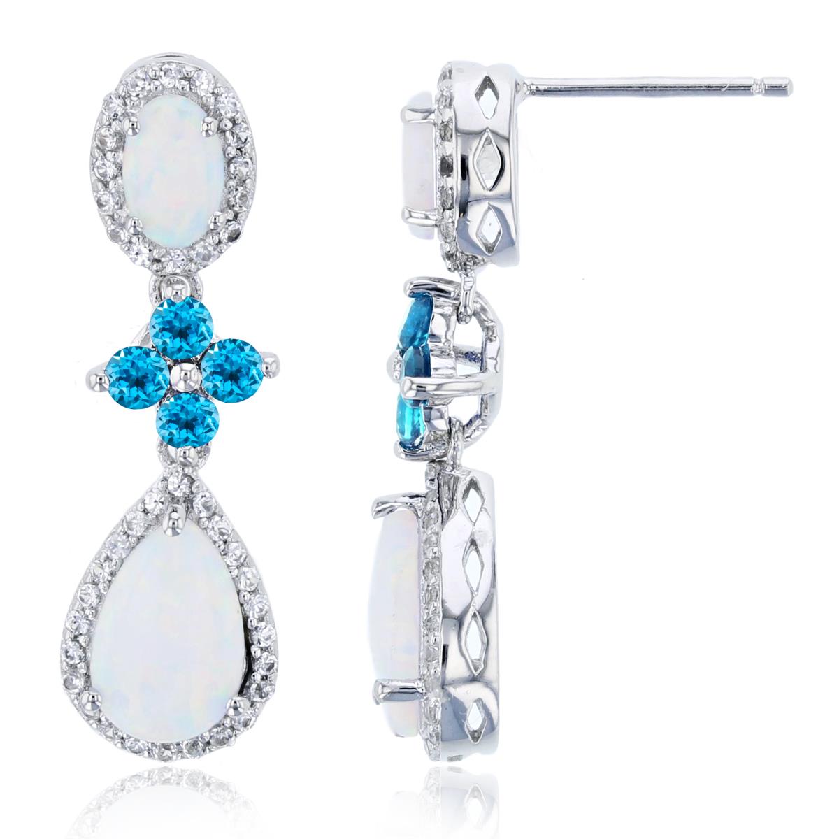 Sterling Silver Rhodium Ov/Ps Cr Opal & Rnd Blue Topaz / Cr.White Sapphire Dangling Earring