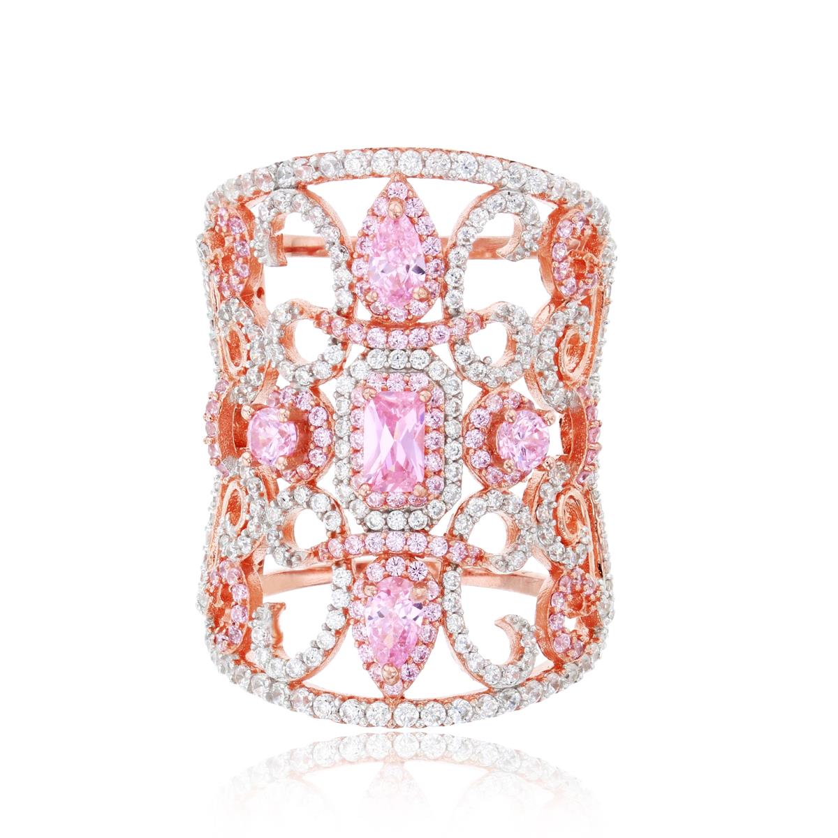 Sterling Silver Rose 1-Micron Pink & White Multi-Cut CZ Filigree 30mm Wide Fashion Ring