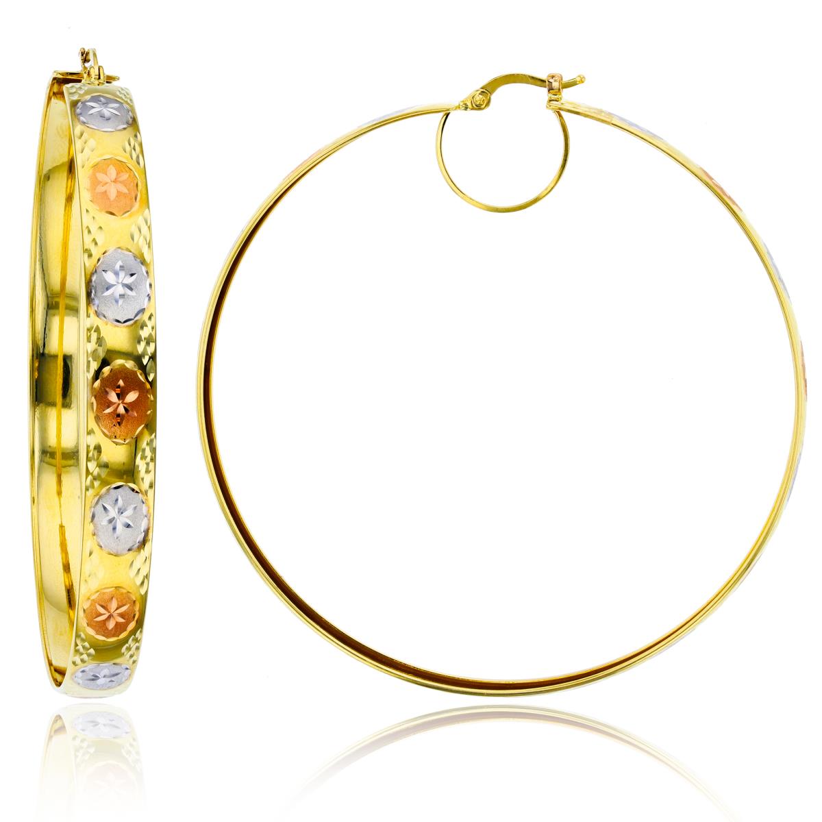 14K Tri-Color Gold 65x6.5mm Diamond Flower Cut Hoop Earring