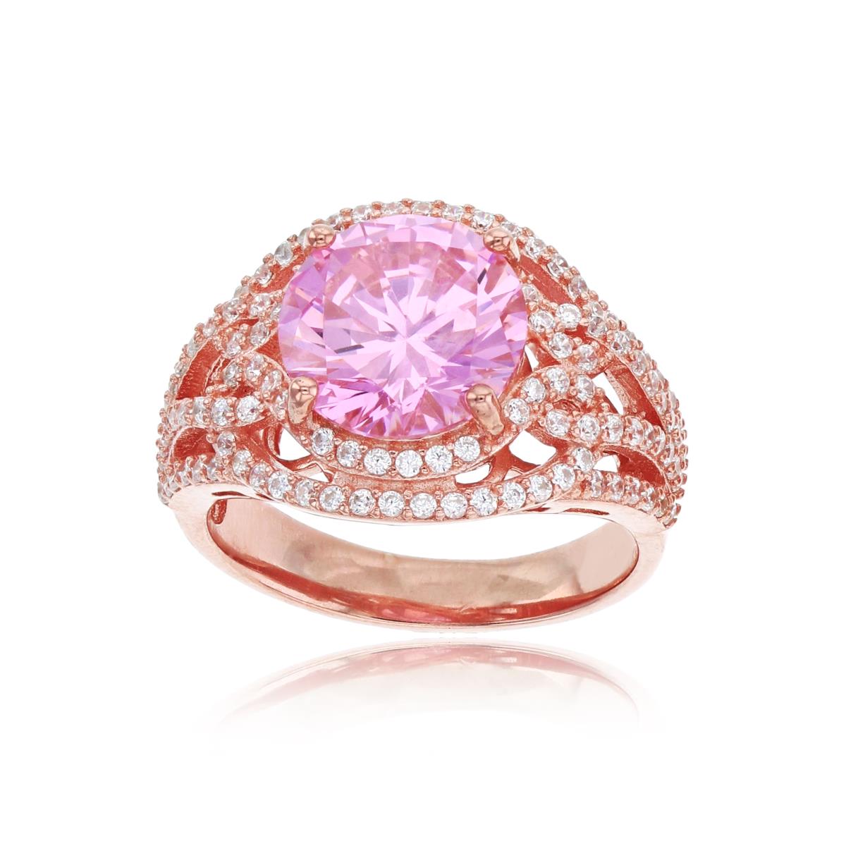 Sterling Silver Rose 1-Micron 10mm Pink Round Cut with Micropave White CZ Knot Shank Fashion Ring