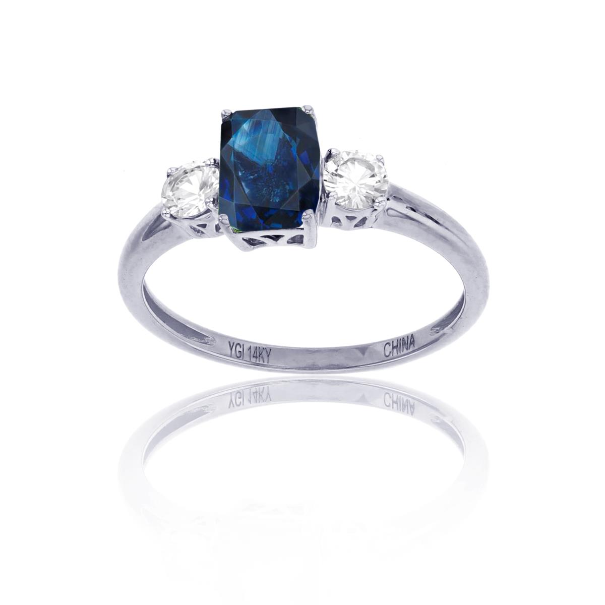 14K White Gold Octagon Sapphire & Round White Sapphire Sides Ring