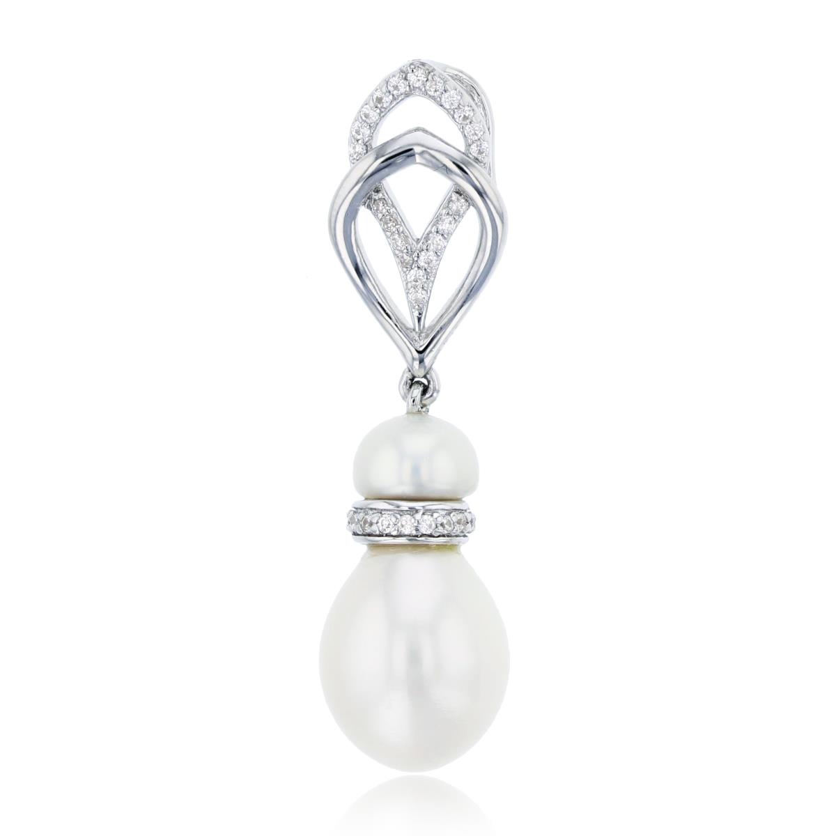 Sterling Silver Rhodium  0.11 CTTW Rnd Diamond & White Pearl Bead and Drop Dangling Pendant