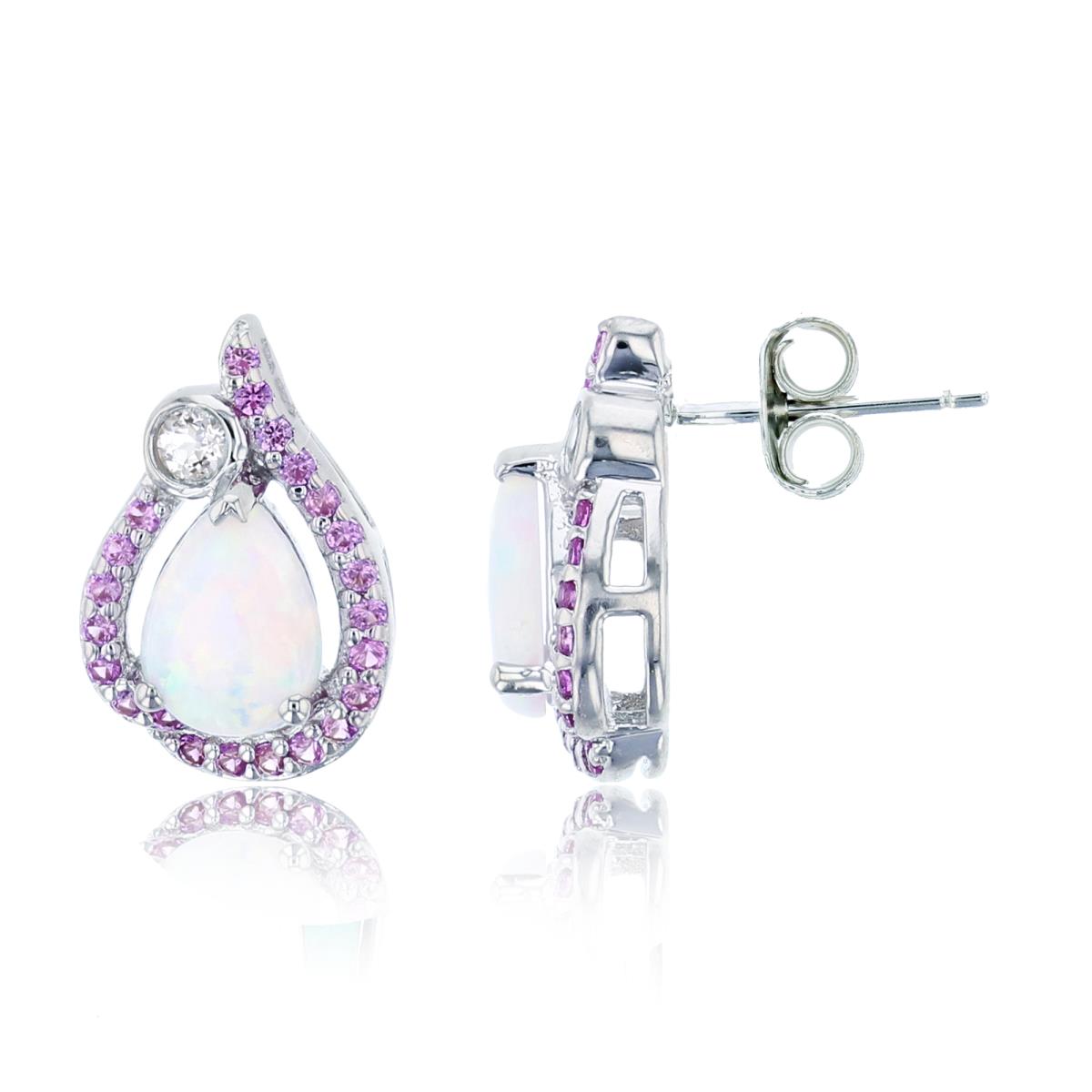 Sterling Silver Rhodium PS Created Opal & Created Pink/ White Sapphire Pear Shape Stud Earring