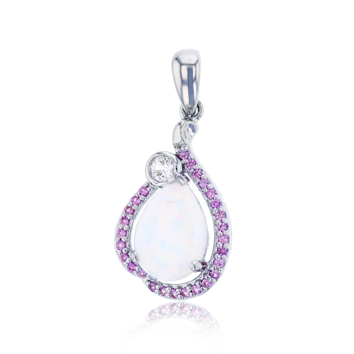Sterling Silver Rhodium PS Created Opal & Created Pink/ White Sapphire Pear Shape Pendant