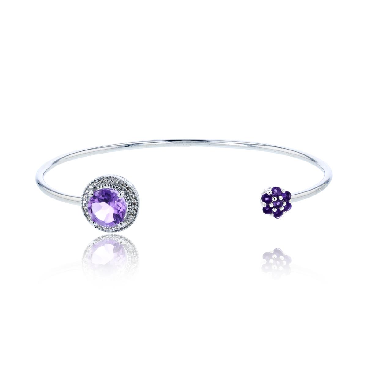 Sterling Silver Rhodium Amethyst & Created White Sapphire Flower/ Circle Open Bangle