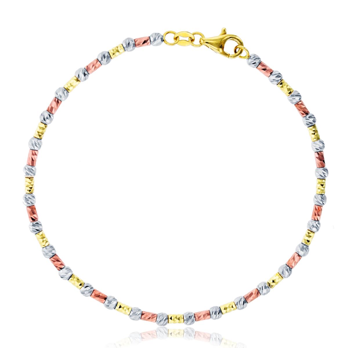 14K Tri-Color Gold Diamond Cut Ball & Bar Beads 7.25" Bracelet