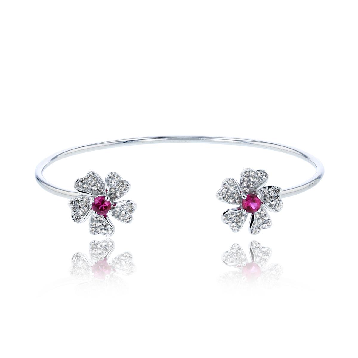 Sterling Silver Rhodium Created Ruby & Created White Sapphire Flowers Open Wire Bangle 