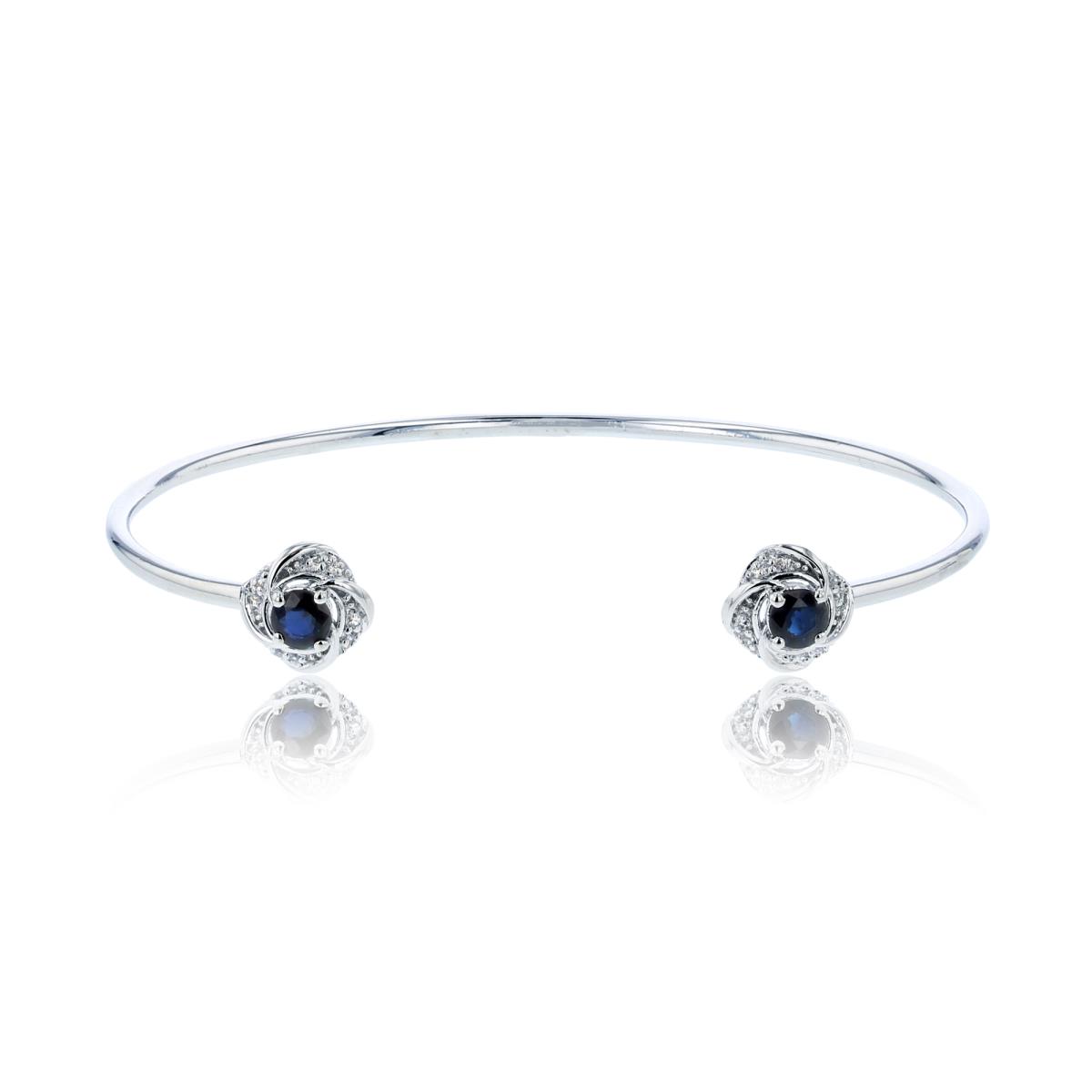 Sterling Silver Rhodium CZ Rnd & Sapphire Knot Sides Open Wire Bangle