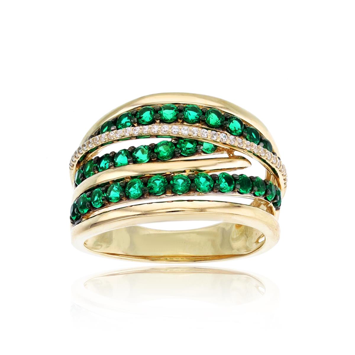 14K Yellow Gold CZ Rnd & Created Emerald Bypass Rows Ring