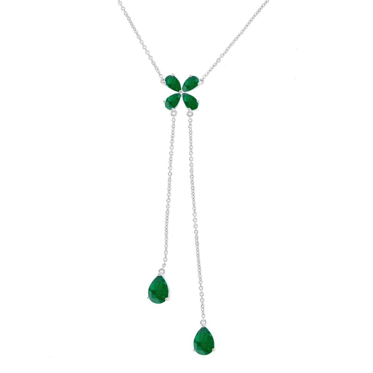 Sterling Silver Rhodium 7X5/5X3mm Pear Shape Created Emerald Flower Dangling Necklace
