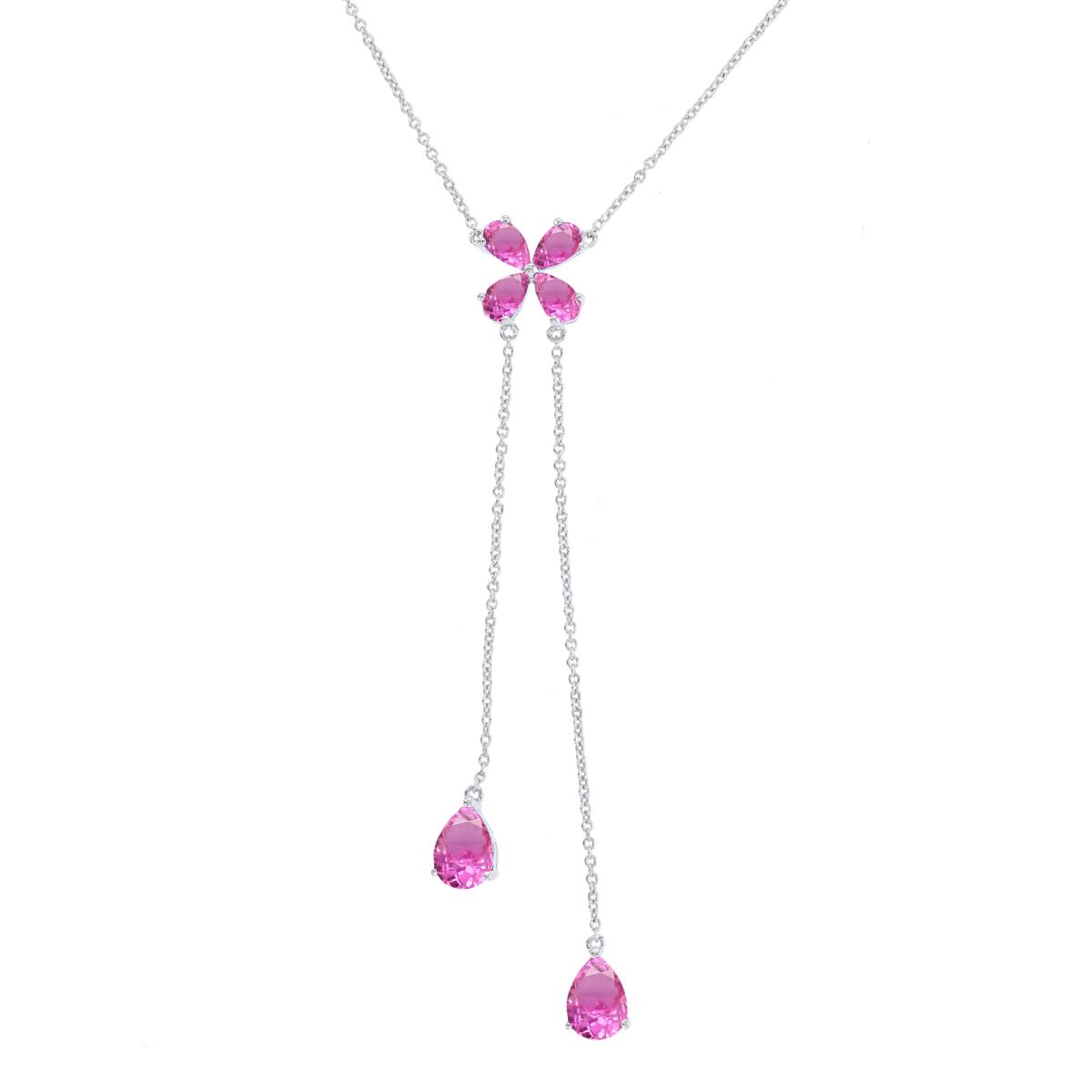 Sterling Silver Rhodium 7X5/5X3mm Pear Shape Created Pink Sapphire Flower Dangling Necklace