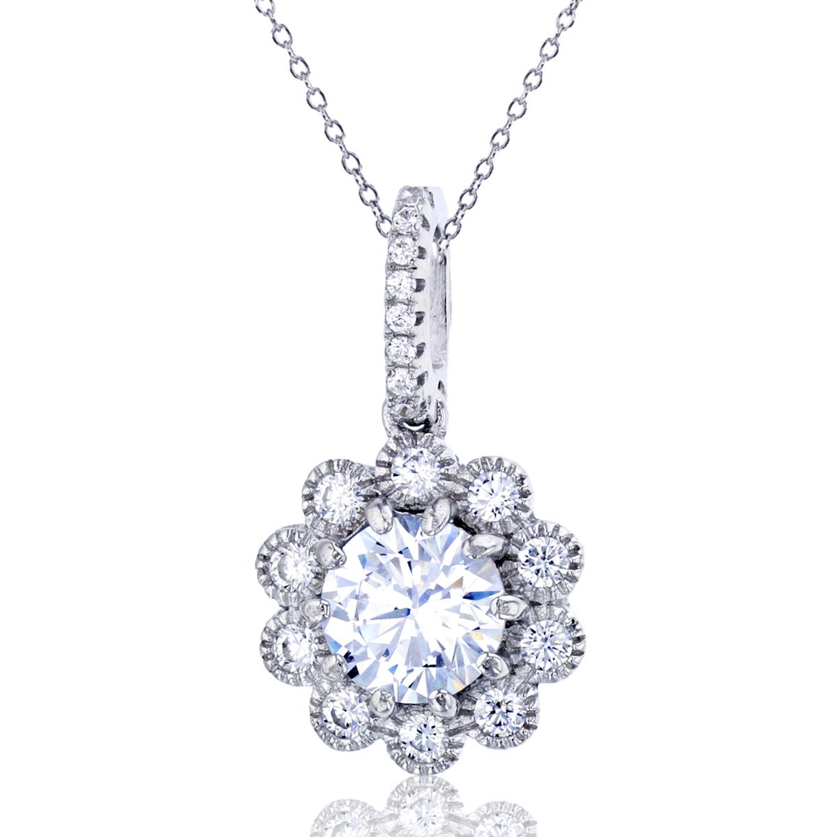 Sterling Silver Rhodium Milgraine 7mm Round Cut Flower 18" Necklace