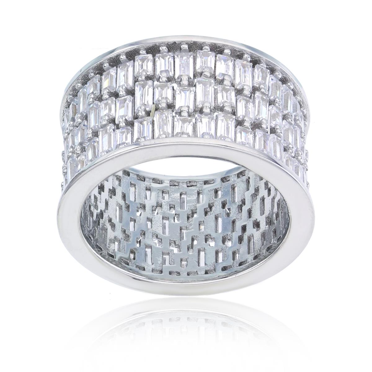 Sterling Silver Rhodium STR Baguette CZ 3-Rows 12mm Wide Ring