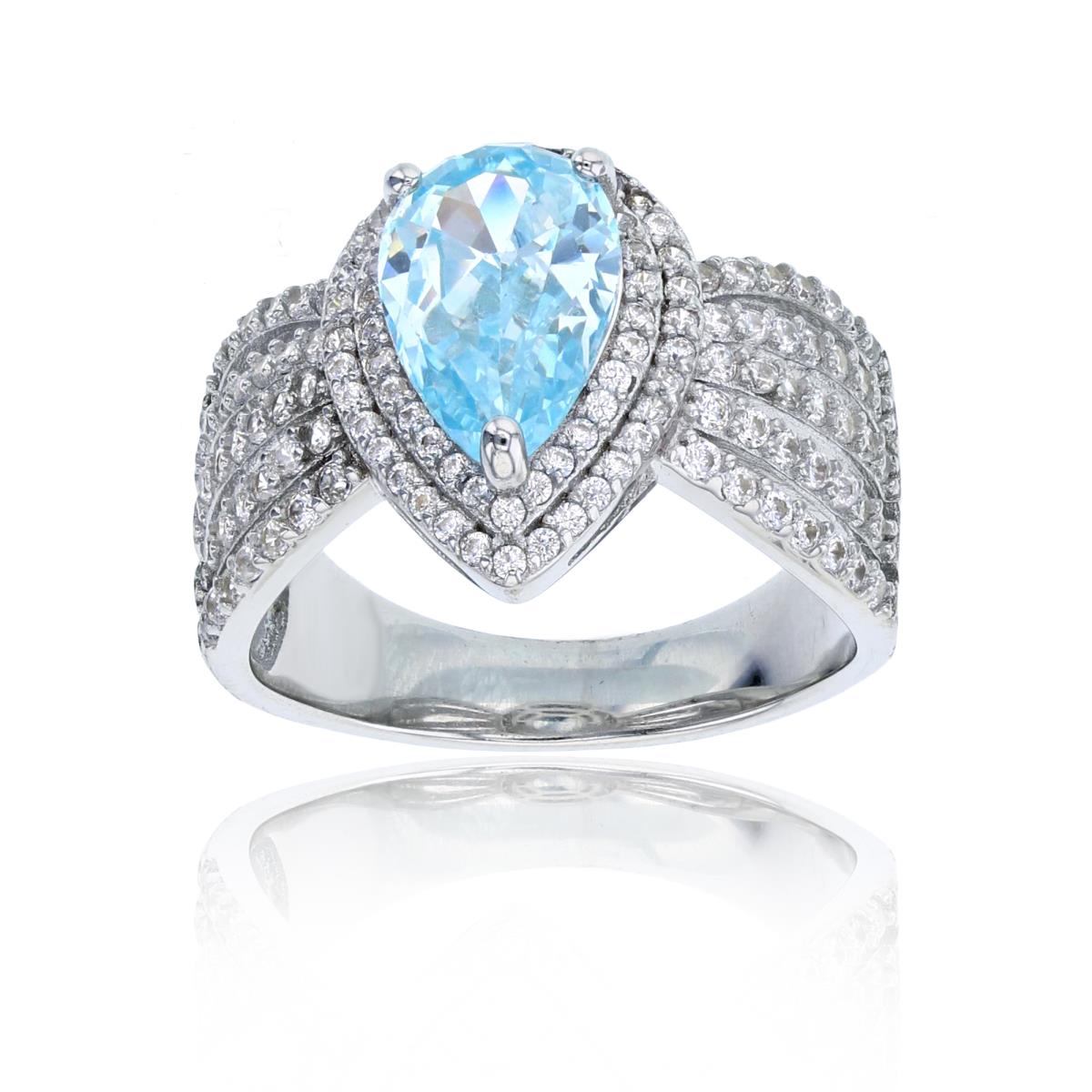 Sterling Silver Rhodium PS Blue CZ Center & Rnd White CZ DBL Halo 16mm Pear Shape Ring