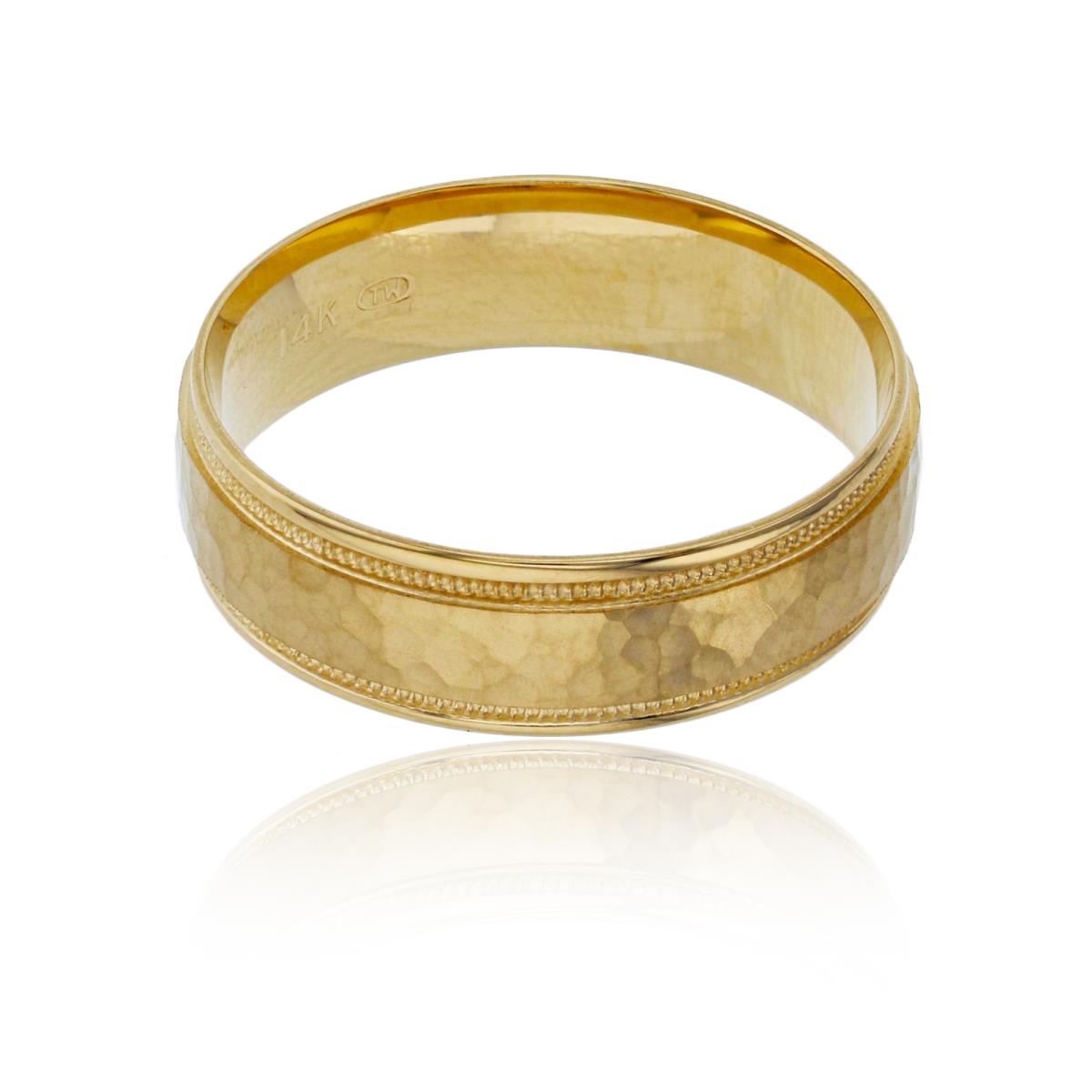 14K Yellow Gold 6mm Hammered Textured Milgrain Comfort Feel Engraved Wedding Band