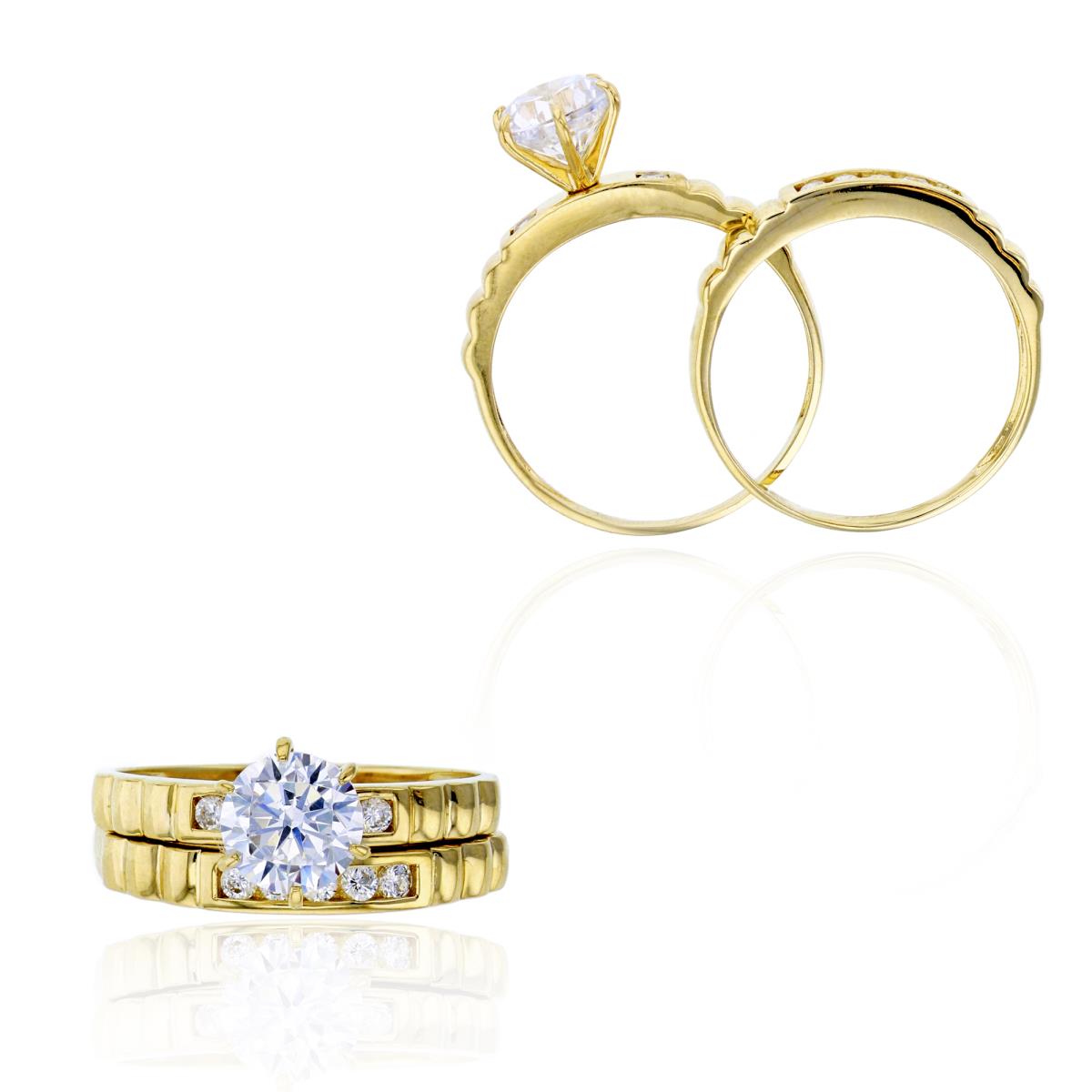 14K Yellow Gold 6.5mm Round Cut Prong Set & Micropave Wavy Sides Wedding Duo Ring