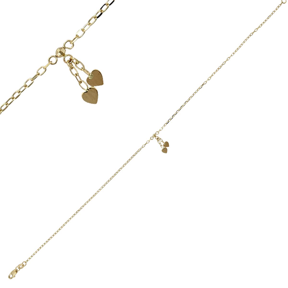 10K Yellow Gold Double Heart Dangle Charm 10" Anklet