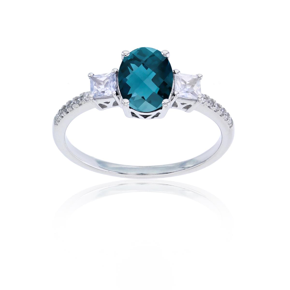 10K White Gold 0.054cttw Rnd Diamonds & 8x6mm Ov London Blue Topaz /3mm Square White Topaz Ring