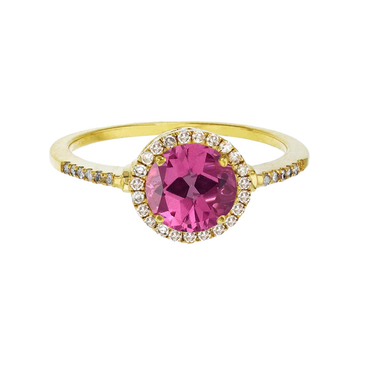 10K Yellow Gold 7mm Round Pure Pink & 0.18 CTTW Diamond Halo Ring