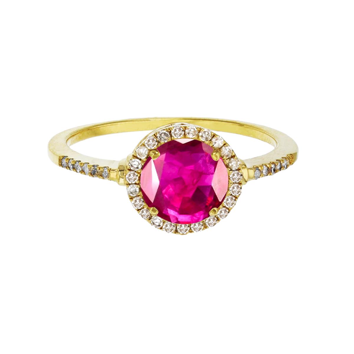 10K Yellow Gold 7mm Round Glass Filled Ruby & 0.18 CTTW Diamond Halo Ring