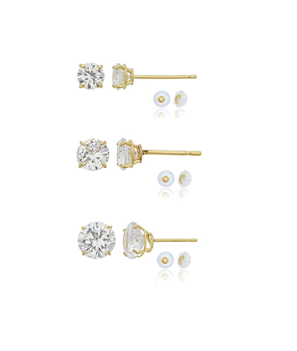 10K Yellow Gold 4mm,5mm,6mm Rd White Swarovski Zirconia 4-Prong Cast Basket Solitaire Earring & Silicone Bubble Back Set Of 3