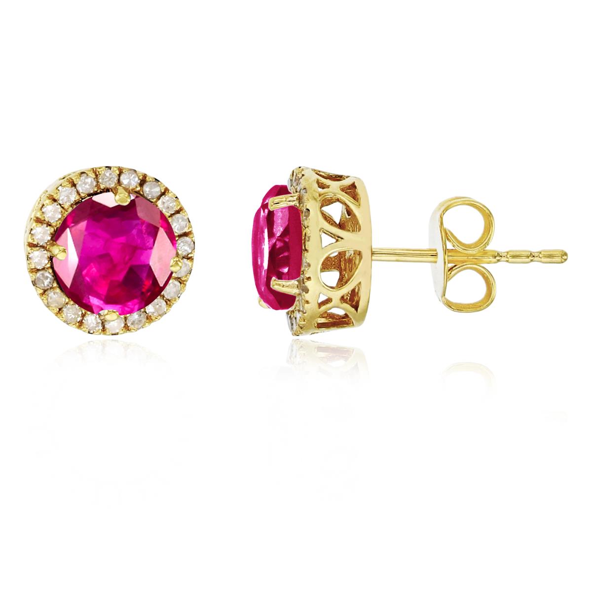 14K Yellow Gold 6mm Round Glass Filled Ruby & 0.2 CTTW Diamond Halo Stud Earring