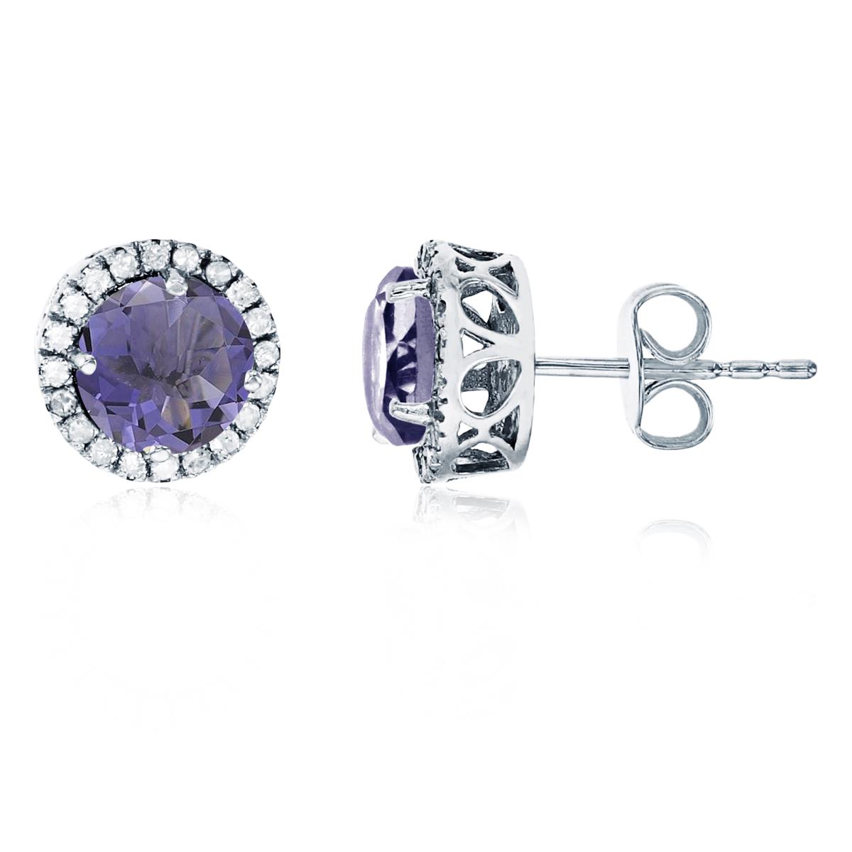 Sterling Silver Rhodium 6mm Round Iolite & Created White Sapphire Halo Stud Earring
