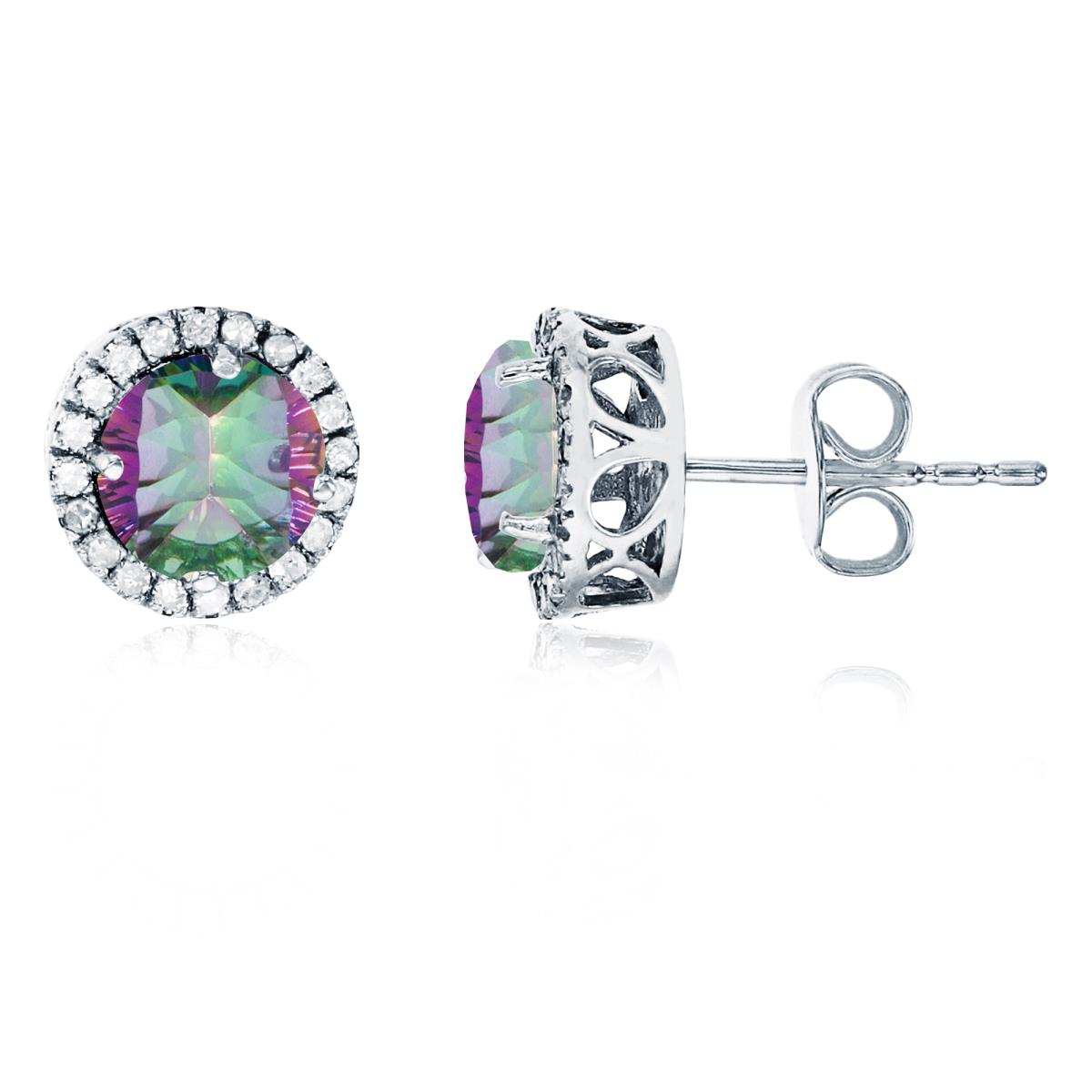 Sterling Silver Rhodium 6mm Round Mystic Green Topaz & Created White Sapphire Halo Stud Earring