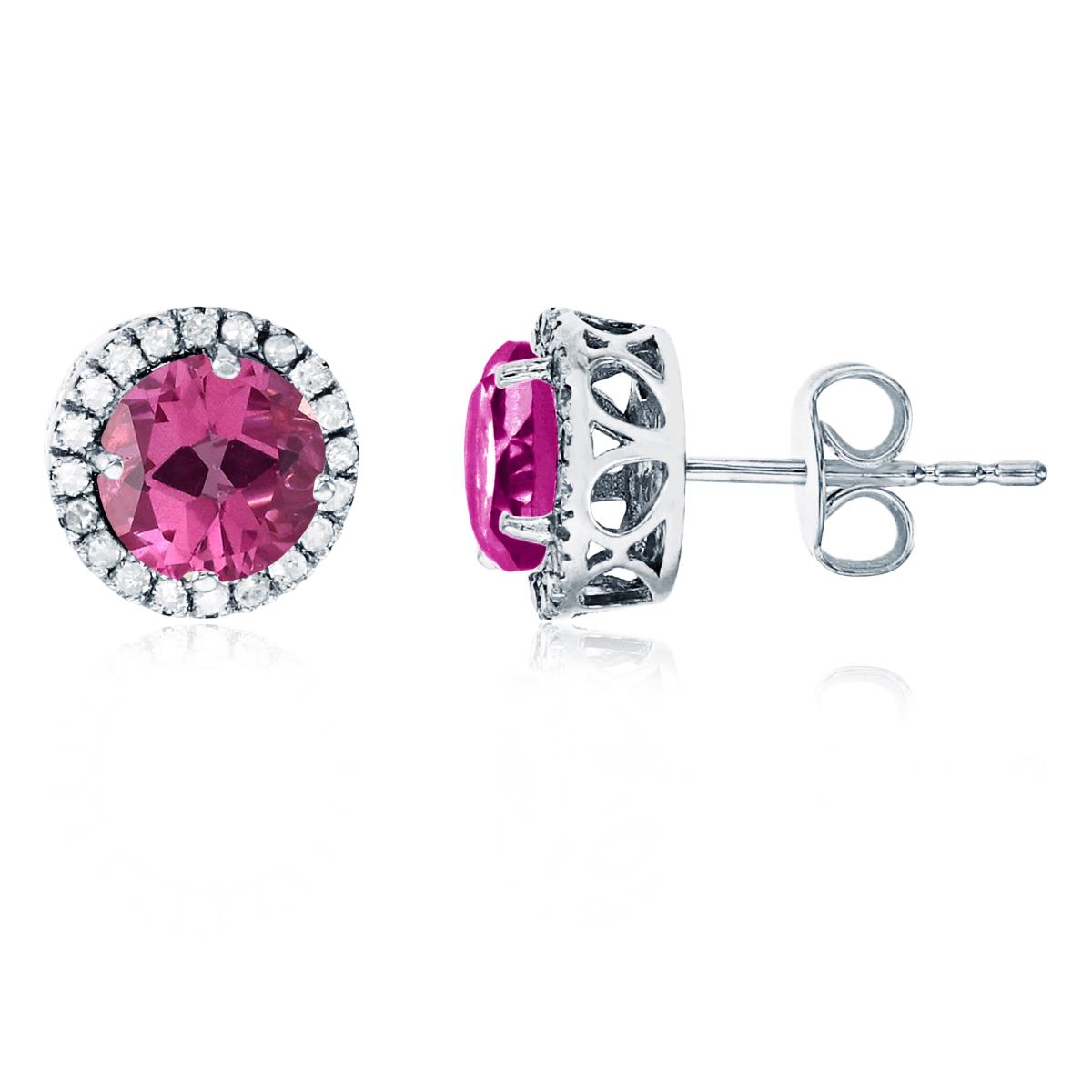 Sterling Silver Rhodium 6mm Round Pure Pink & Created White Sapphire Halo Stud Earring