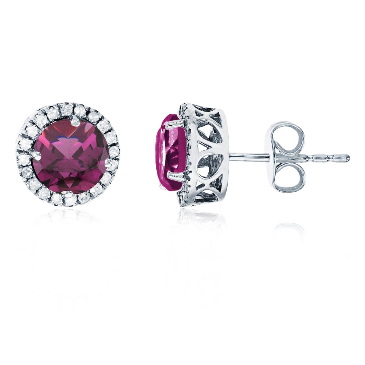 Sterling Silver Rhodium 6mm Round Rhodolite & Created White Sapphire Halo Stud Earring