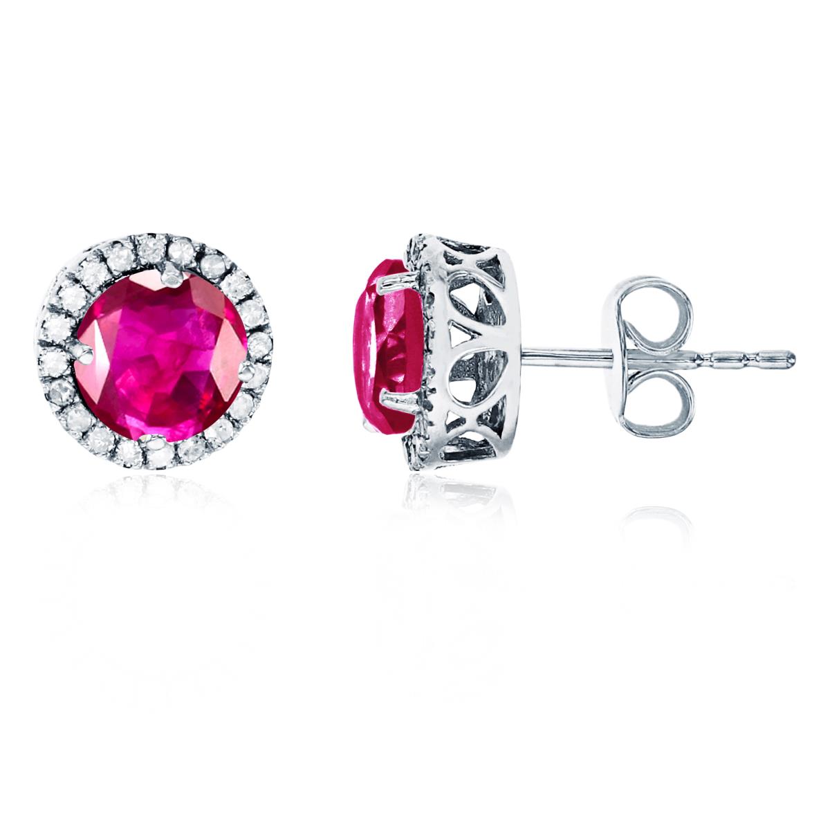 Sterling Silver Rhodium 6mm Round Glass Filled Ruby & Created White Sapphire Halo Stud Earring