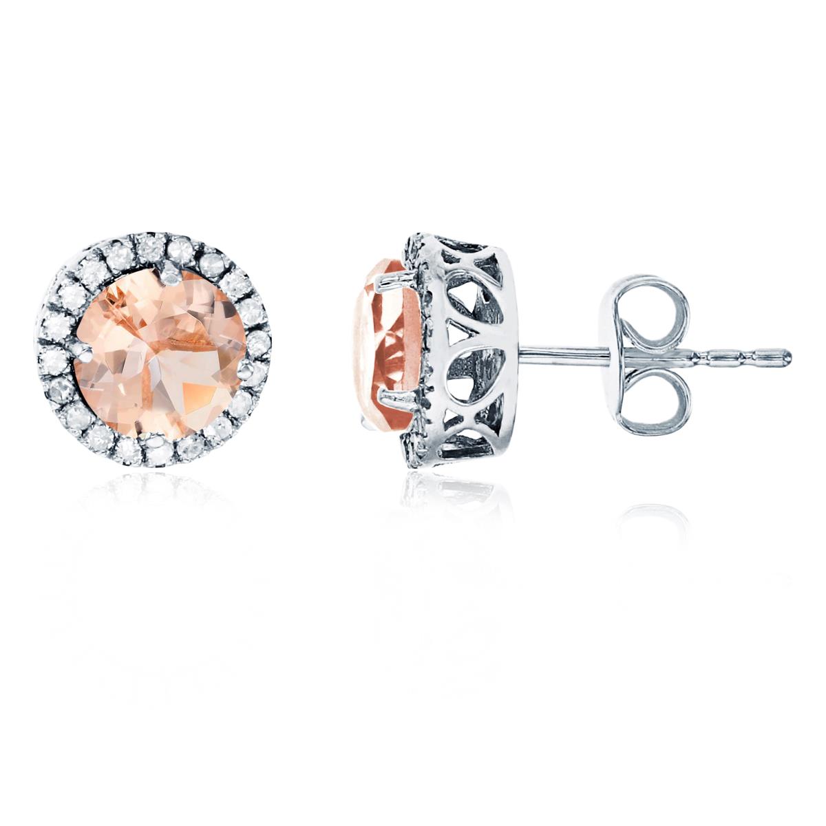 Sterling Silver Rhodium 6mm Round Morganite & Created White Sapphire Halo Stud Earring