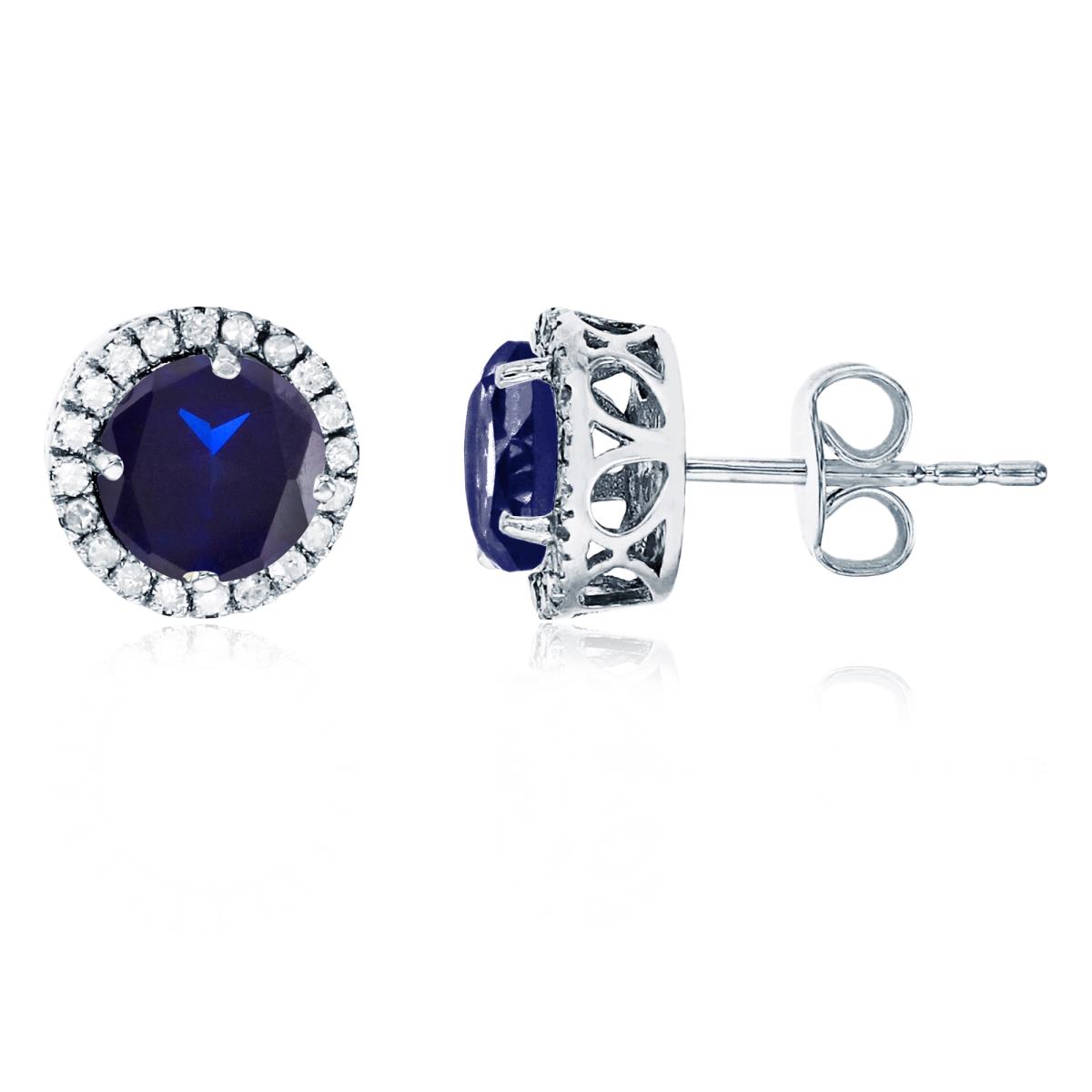 Sterling Silver Rhodium 6mm Round Cr Blue Sapphire & Cr White Sapphire Halo Stud Earring