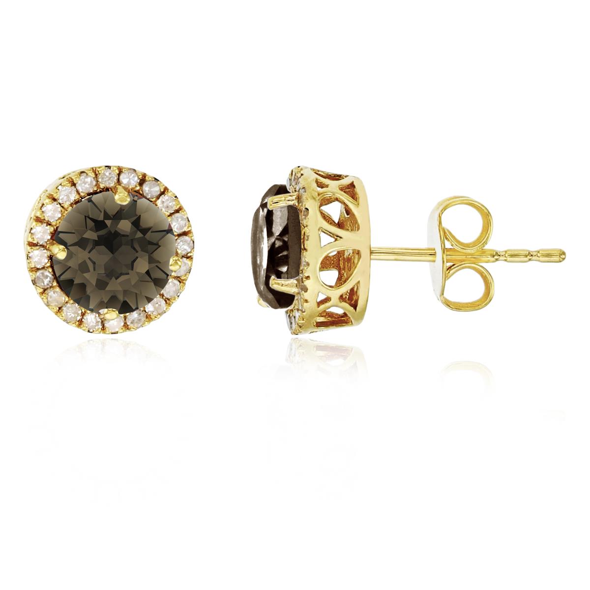 Sterling Silver Yellow 6mm Round Smokey Quartz & Created White Sapphire Halo Stud Earring