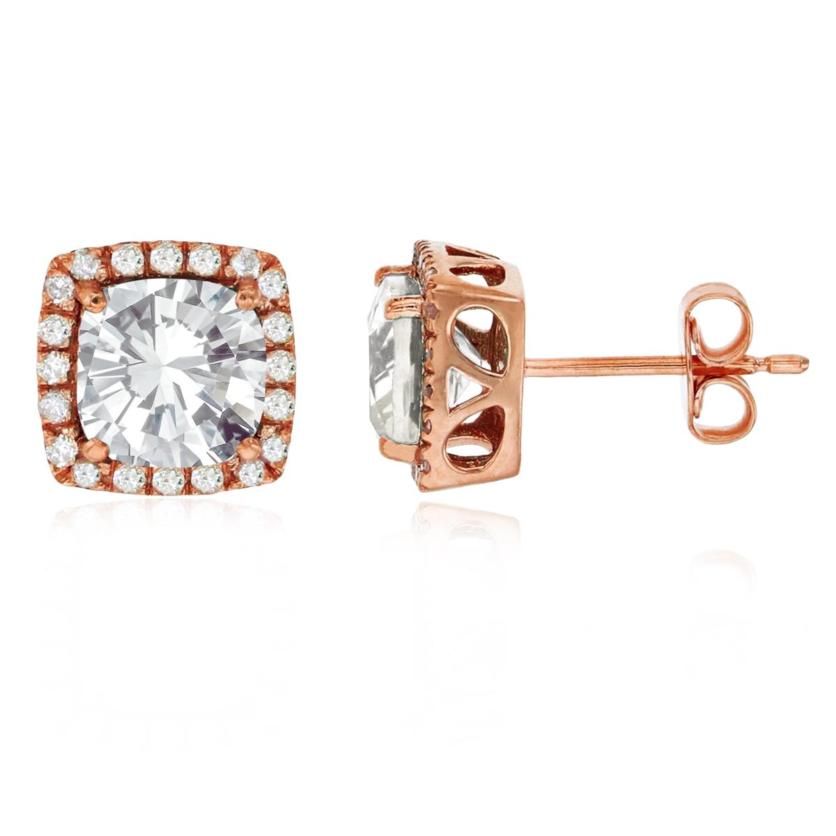 10K Rose Gold 6mm Cushion White Topaz & 0.20 CTTW Diamond Halo Stud Earring
