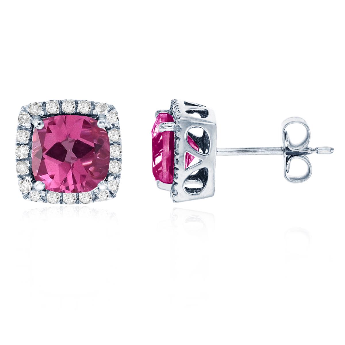 Sterling Silver Rhodium 6mm Cushion Pure Pink & Cr White Sapphire Halo Stud Earring