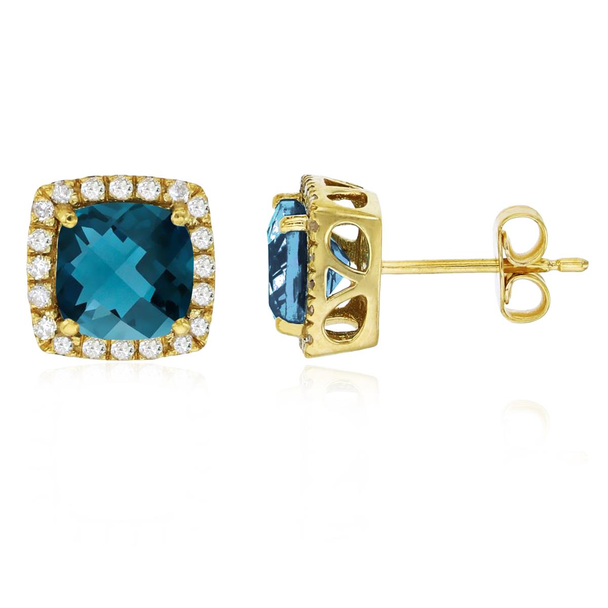Sterling Silver Yellow 6mm Cushion London Blue Topaz & Cr White Sapphire Halo Stud Earring